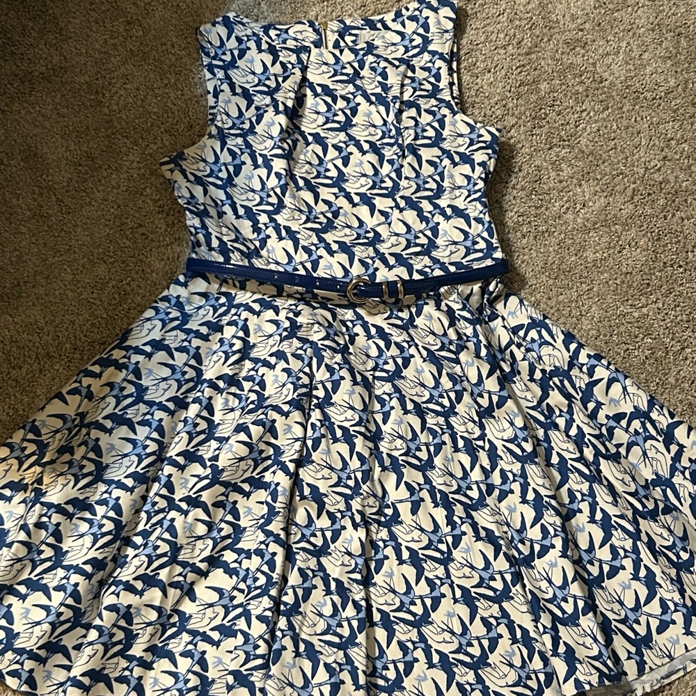 Floral Blue and White Cocktail dress with bird pattern